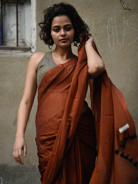 Rust Colored Mul Cotton Saree