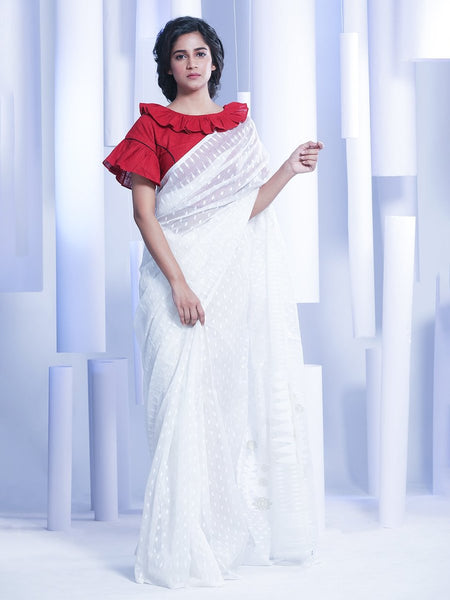 White Handwoven Dhakai Jamdani Saree