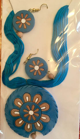 Indigo Terracotta Necklace and Earrings Set With Circle Pendant