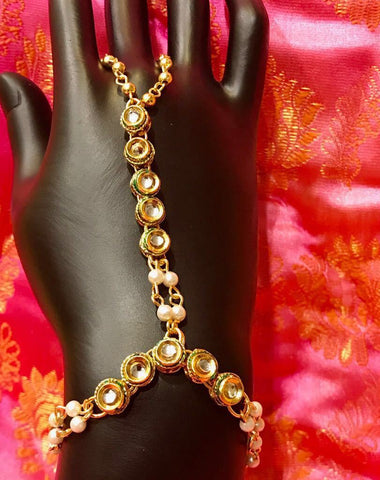 Gold Plated Pearl Beaded Kundan Ratan Chur Bracelet