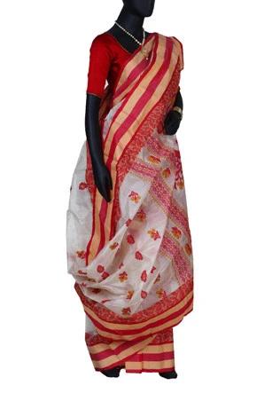 Off White & Red Tussar Silk Handloom Saree
