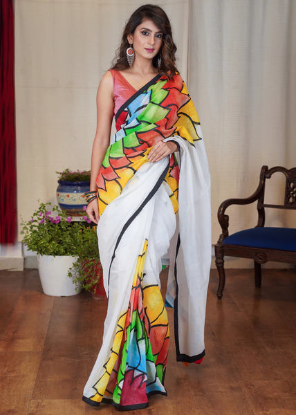 WHITE CHANDERI SAREE WITH BEAUTIFUL MULTICOLOUR HAND PAINTING