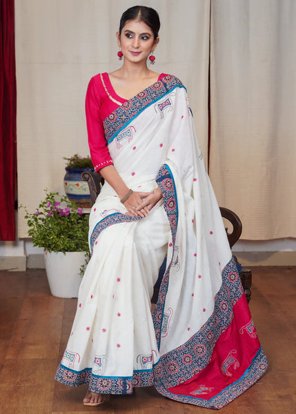 WHITE COTTON AND PINK COMBINATION EMBROIDERED SAREE WITH AJRAKH BORDER