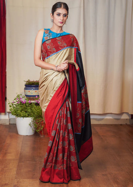 BEIGE ASSAM SILK SAREE WITH BLACK , MAROON COTTON SILK AND AJRAKH COMBINATION BORDER