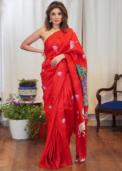 PURE SILK HAND PAINTED RED SAREE WITH ELEGANT KRISHNA DESIGN