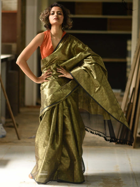 Iridescent Green Semi Tissue Silk Saree