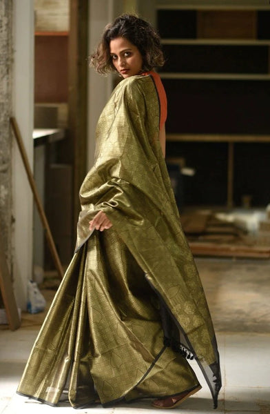 Iridescent Green Semi Tissue Silk Saree