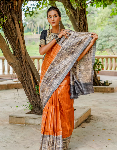 RUST PURE GHICHA SILK HANDPAINTED MADHUBANI SAREE