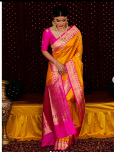 Yellow Hot Pink Soft Banarasi Pattu Katan Silk Saree with Zari