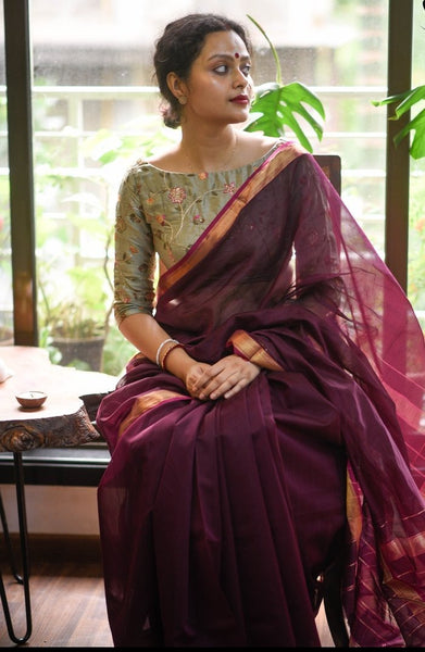Pure Maroon Maheshwari Silk Saree