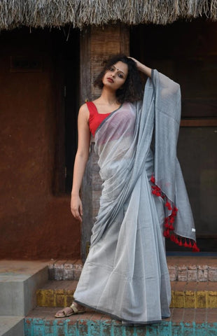 Silver Grey Cotton Polyester Saree