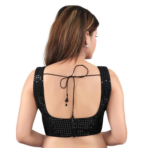 Black Silk Padded Back Open Sleeveless Readymade Blouse
