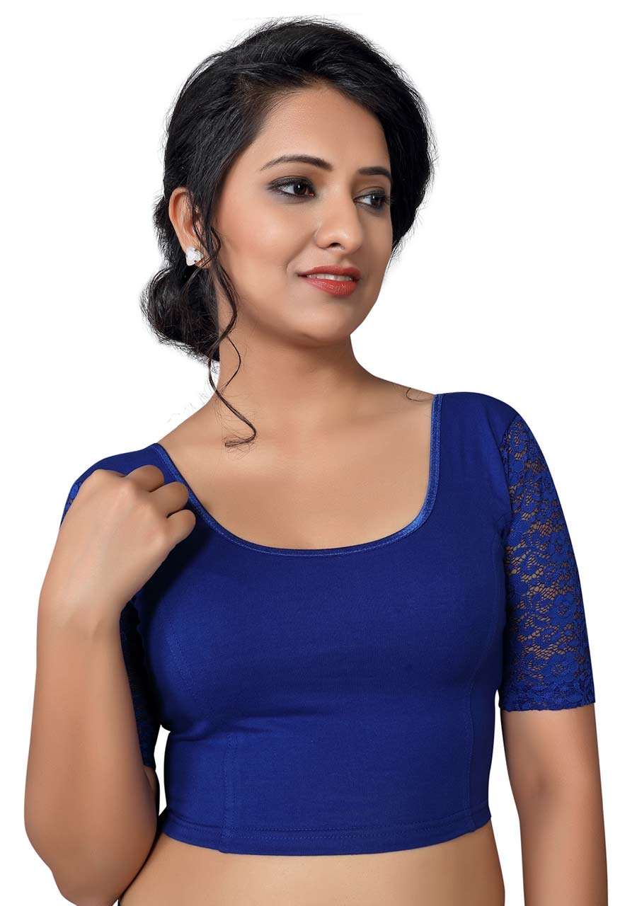 Vamas blue Cotton Lycra Strechable Round Neck Blouse