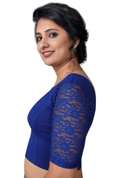 Vamas blue Cotton Lycra Strechable Round Neck Blouse