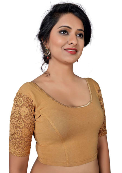 Vamas dark-gold Cotton Lycra Strechable Round Neck Blouse