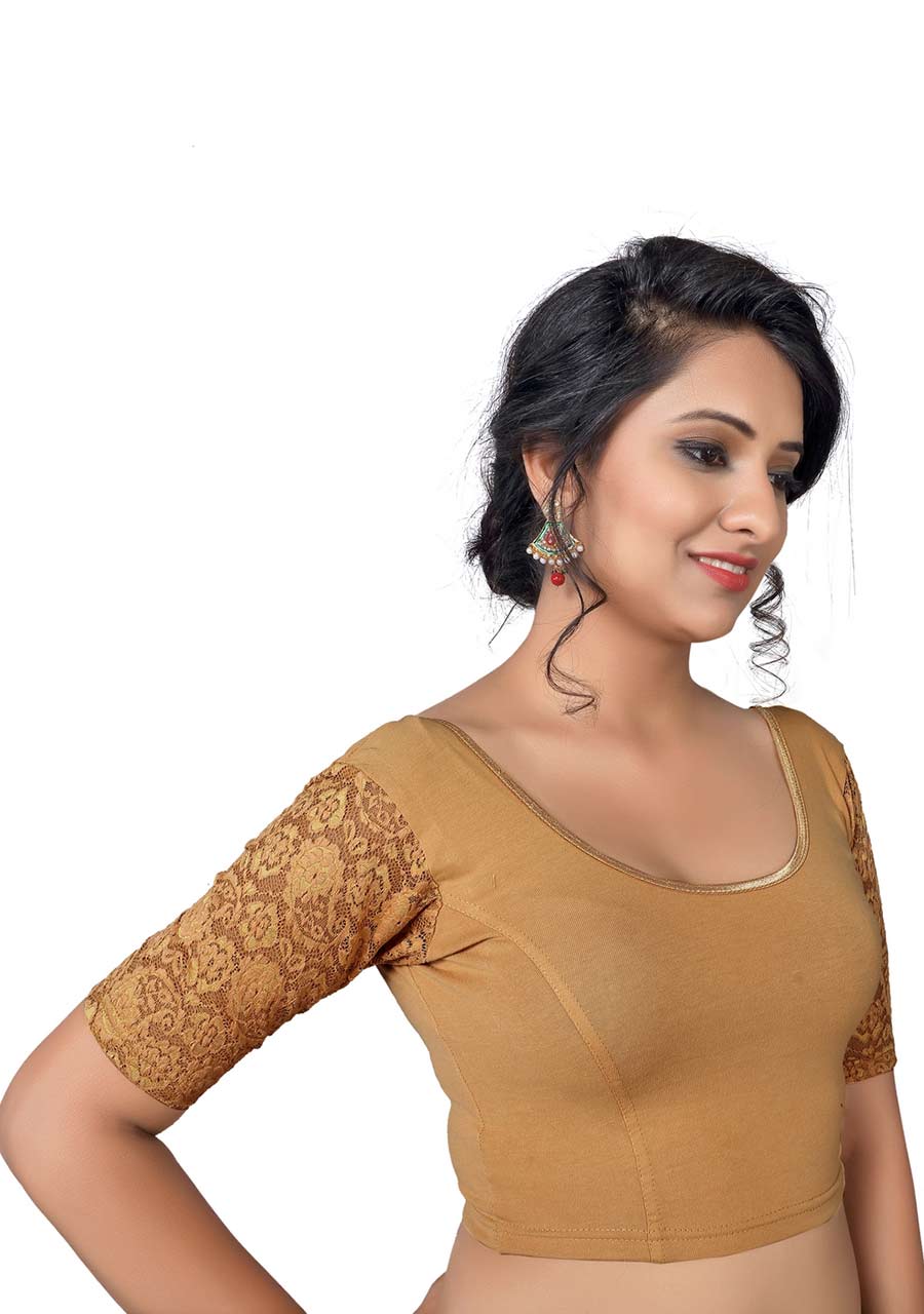 Vamas dark-gold Cotton Lycra Strechable Round Neck Blouse