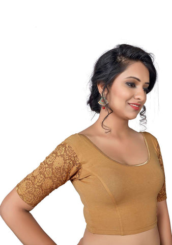 Vamas dark-gold Cotton Lycra Strechable Round Neck Blouse
