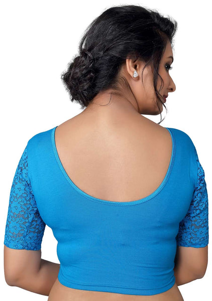 Vamas peackock-blue Cotton Lycra Strechable Round Neck Blouse