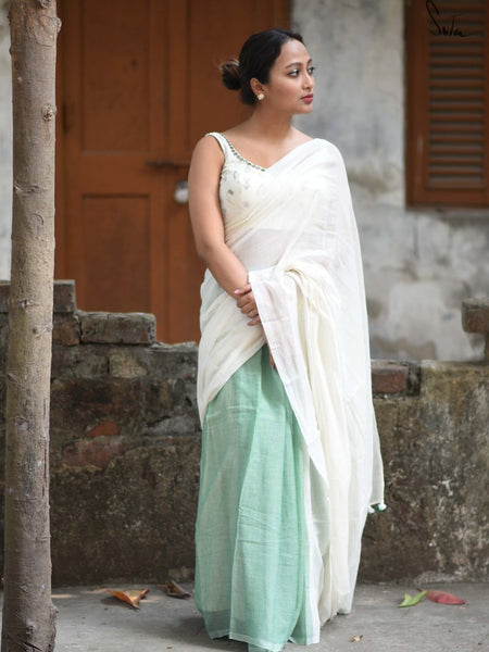 White & Green Mul Cotton Saree