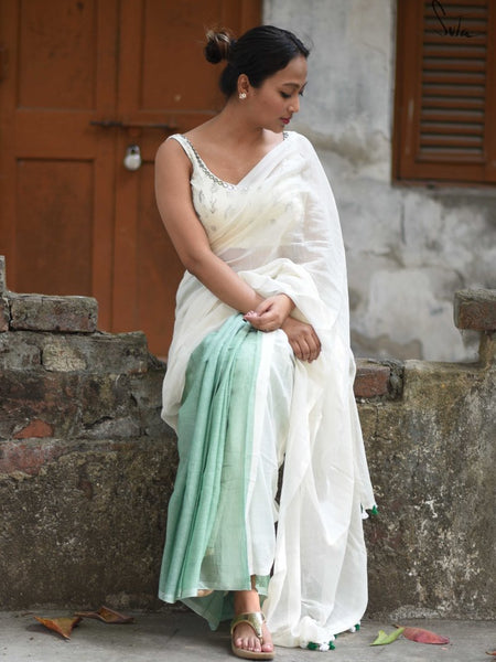 White & Green Mul Cotton Saree