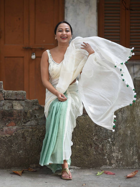 White & Green Mul Cotton Saree