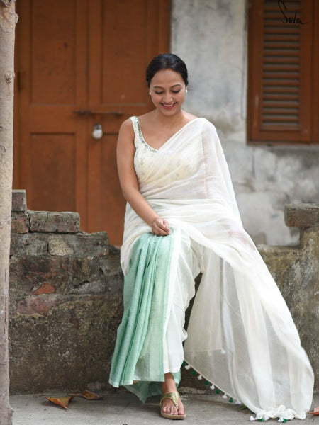 White & Green Mul Cotton Saree
