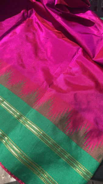 Hot Rani Pink Nalli South Silk Saree with Green Temple Border & Aanchal