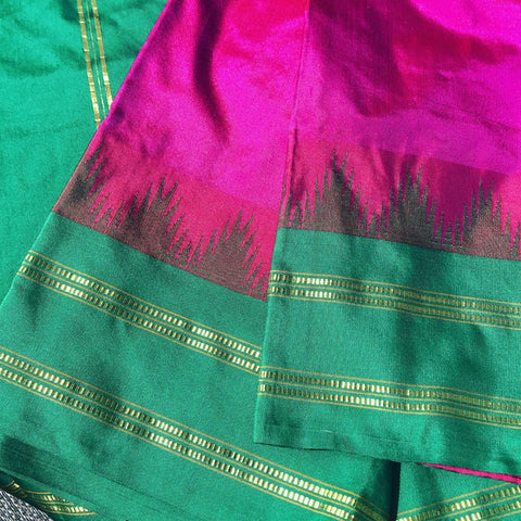 Hot Rani Pink Nalli South Silk Saree with Green Temple Border & Aanchal