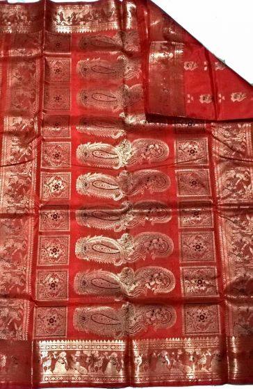 Deep Scarlet Orange Ethnic Gorgeous Pure Silk Swarnachari Saree