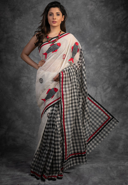 EXCLUSIVE FISH MOTIFS EMBROIDERED BENGAL HANDLOOM COTTON SAREE