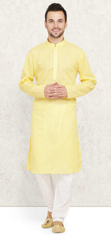 Yellow Cotton Chikankari Mens Kurta Pyjama Set
