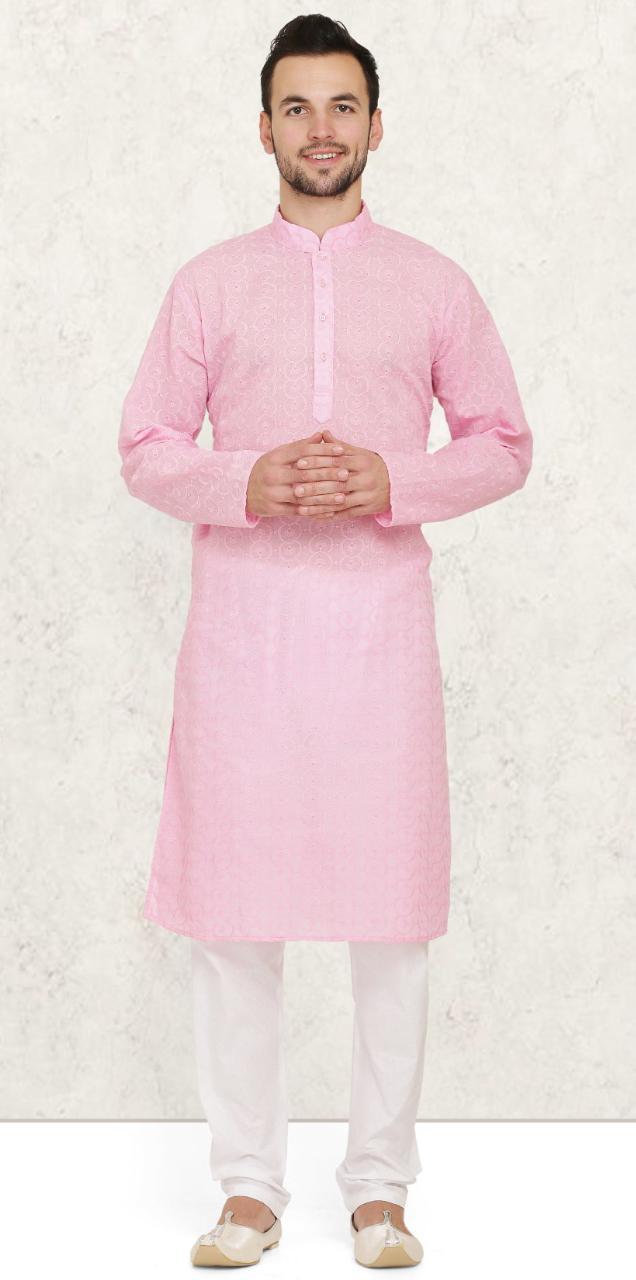 Pink Cotton Chikankari Mens Kurta Pyjama Set