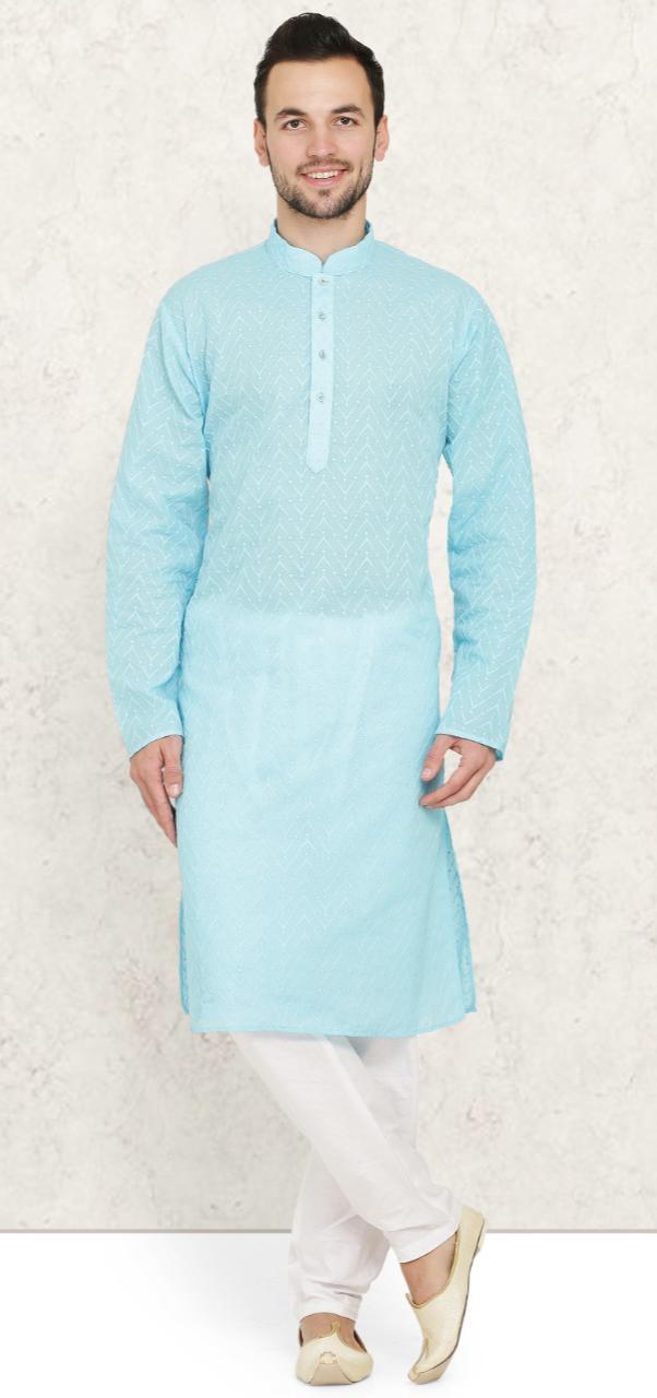 Sky Blue Cotton Chikankari Mens Kurta Pyjama Set