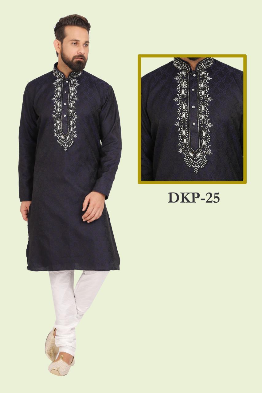 Black Colored Designed Dupion Silk Mens Kurta and Pajama Set