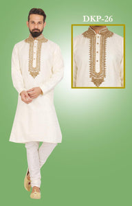 White Colored Designer Dupion Silk Kurta Pajama Set