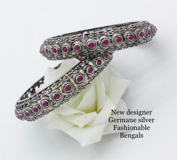 Designer Pink Stone Studded German Silver Bangles
