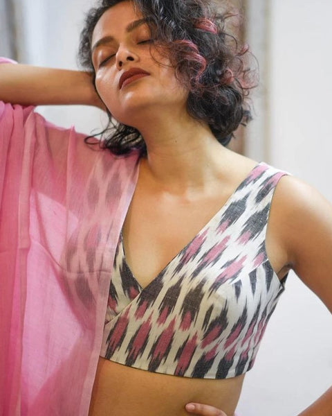 Black and White Cotton Readymade Blouse