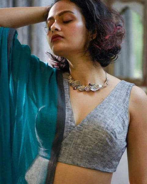 Black and Grey Cotton Readymade Blouse