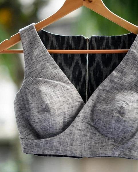 Black and Grey Cotton Readymade Blouse