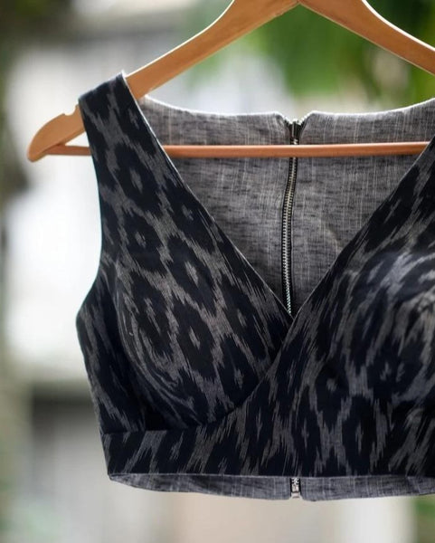 Black and Grey Cotton Readymade Blouse