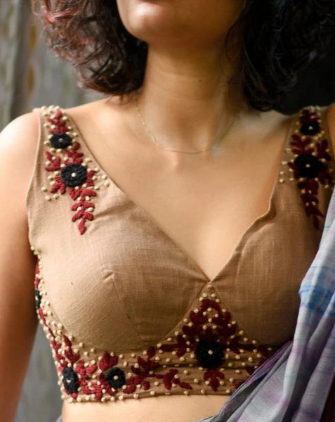 Coral Cotton with Hand Embroidery  Readymade Blouse