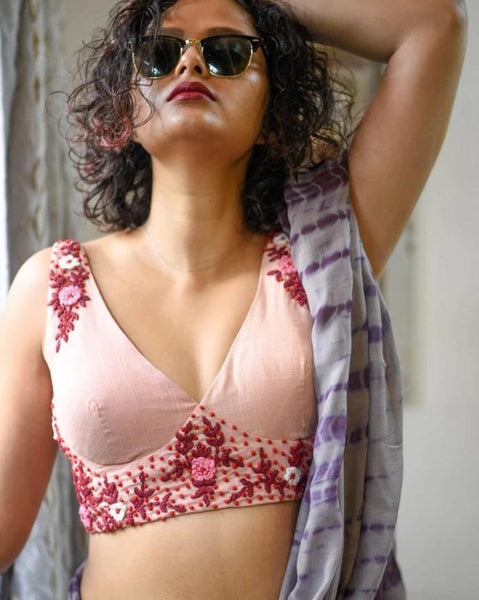 Peach Cotton with Hand Embroidery  Readymade Blouse