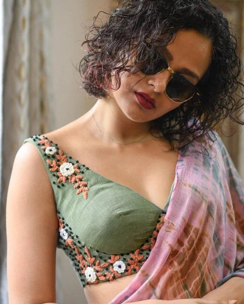 Mint Green Cotton with Hand Embroidery  Readymade Blouse