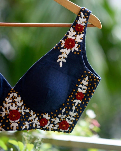Navy Blue Cotton with Hand Embroidery  Readymade Blouse