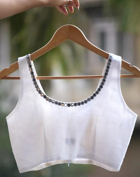 White Cotton Readymade Blouse with Glass Work