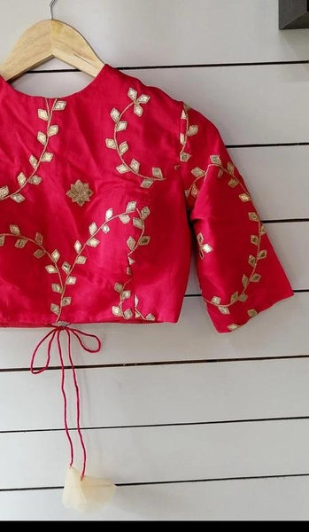 Cotton Silk Deep Pink Readymade Blouse with Floral Motifs