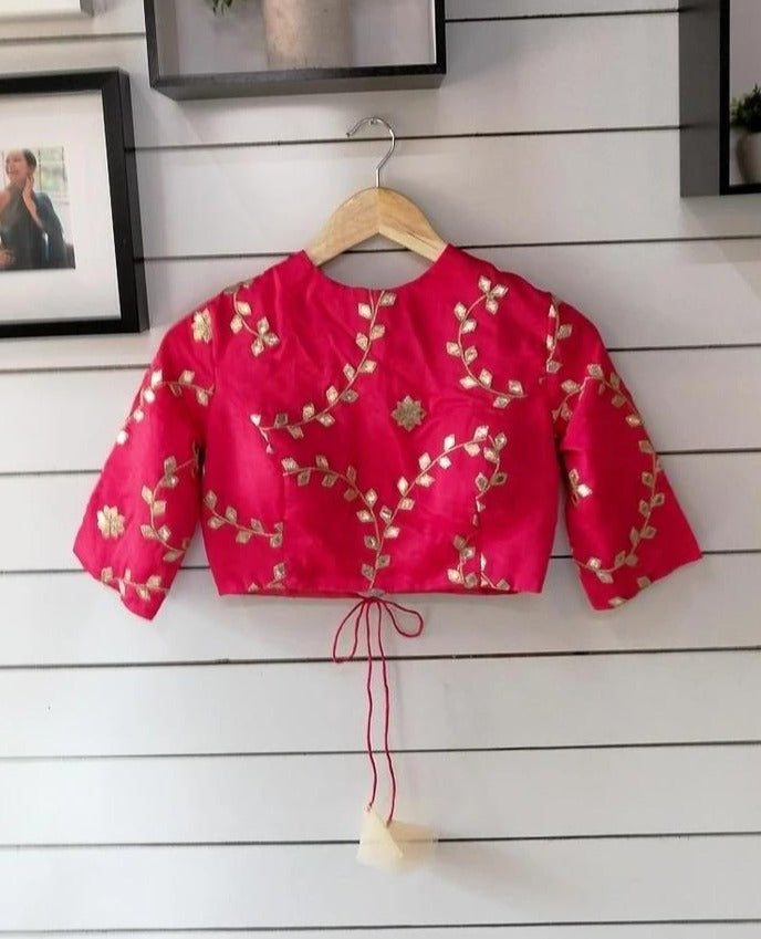 Cotton Silk Deep Pink Readymade Blouse with Floral Motifs