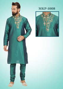 Teal Blue Kurta Pajama Set with Embroidery Work