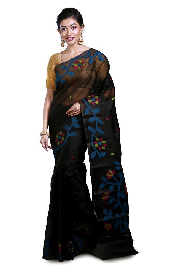 Black Pure Muslin Saree with Multicolor Floral Pattern Work