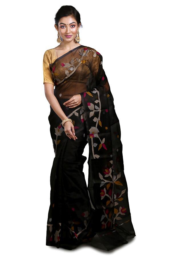 Black Pure Muslin Saree with Floral Pattern Work